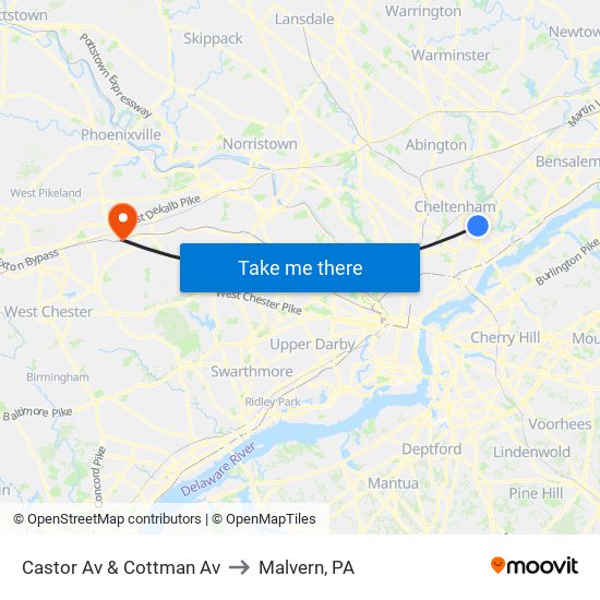 Castor Av & Cottman Av to Malvern, PA map