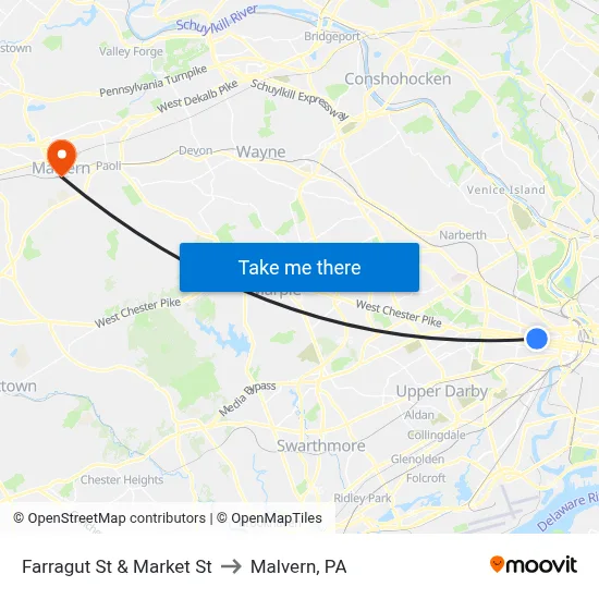 Farragut St & Market St to Malvern, PA map