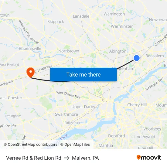 Verree Rd & Red Lion Rd to Malvern, PA map