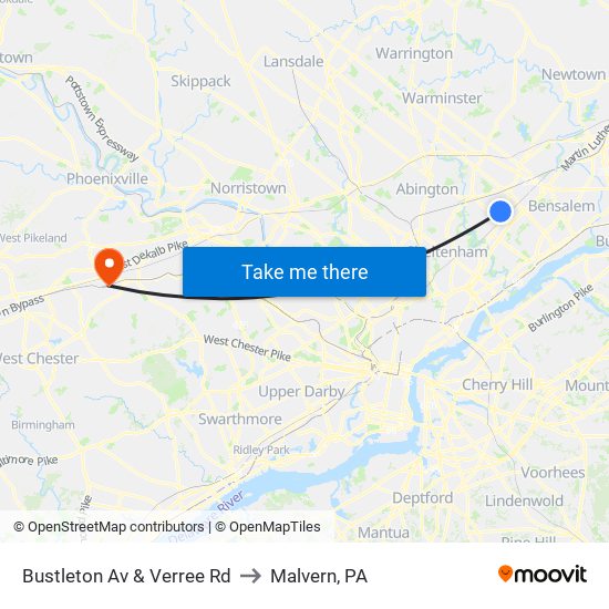 Bustleton Av & Verree Rd to Malvern, PA map