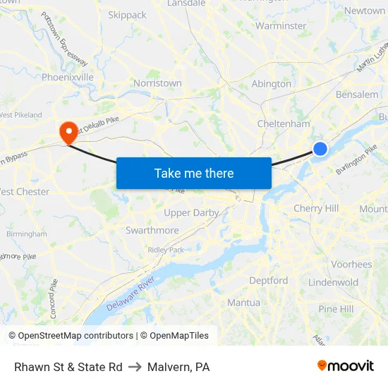 Rhawn St & State Rd to Malvern, PA map