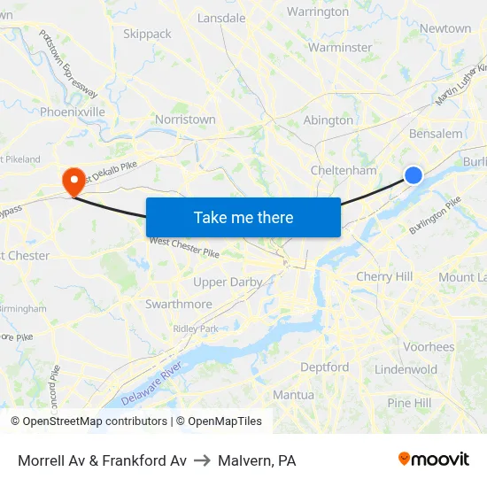 Morrell Av & Frankford Av to Malvern, PA map