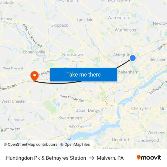 Huntingdon Pk & Bethayres Station to Malvern, PA map