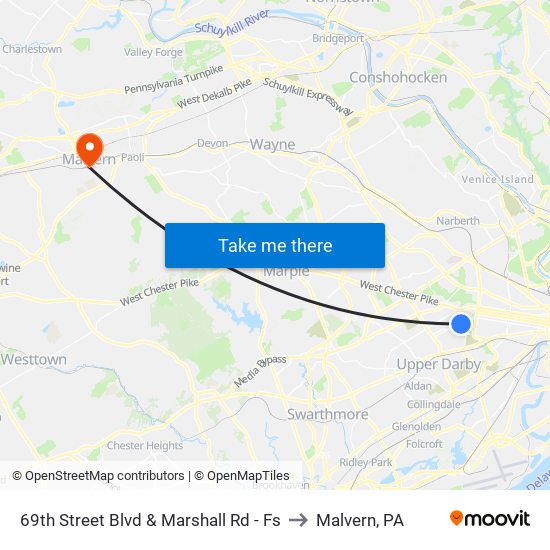 69th Street Blvd & Marshall Rd - Fs to Malvern, PA map