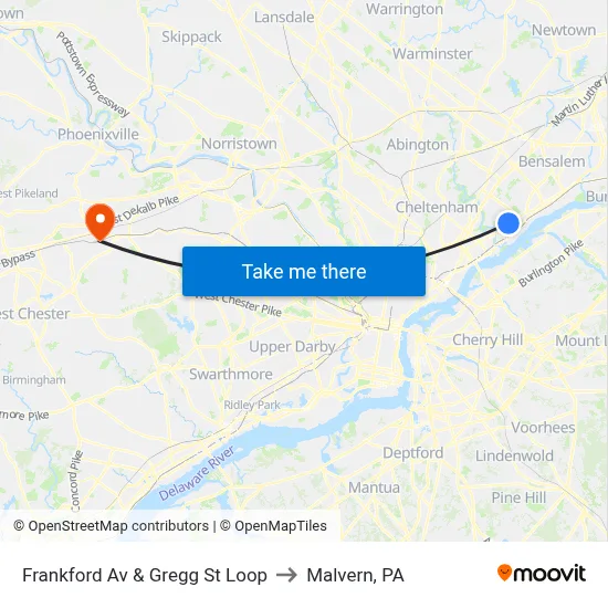 Frankford Av & Gregg St Loop to Malvern, PA map