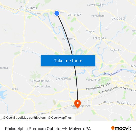 Philadelphia Premium Outlets to Malvern, PA map