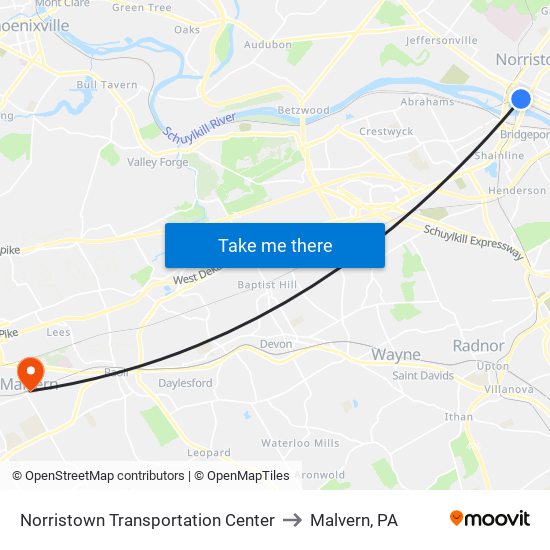 Norristown Transportation Center to Malvern, PA map
