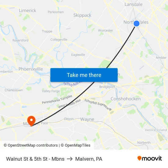 Walnut St & 5th St - Mbns to Malvern, PA map