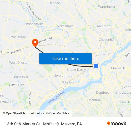 13th St & Market St - Mbfs to Malvern, PA map