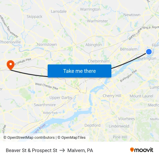 Beaver St & Prospect St to Malvern, PA map