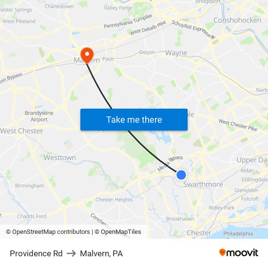 Providence Rd to Malvern, PA map