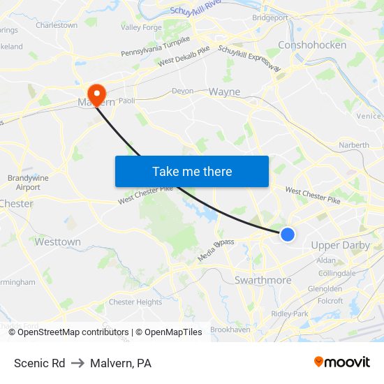 Scenic Rd to Malvern, PA map