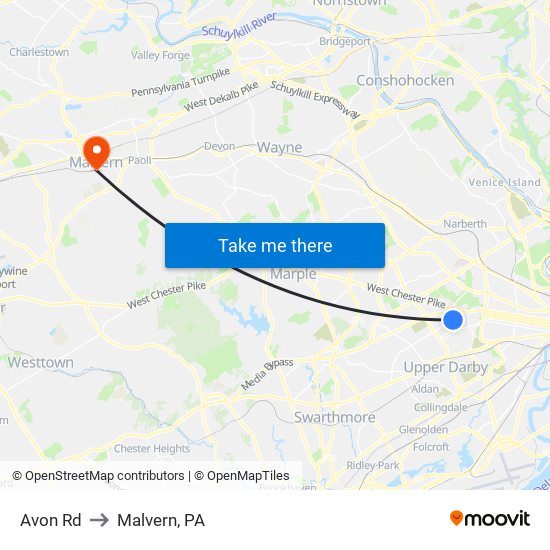 Avon Rd to Malvern, PA map