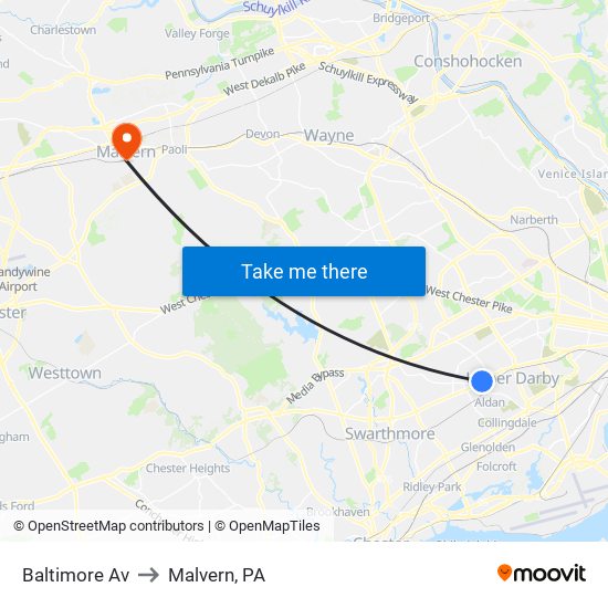 Baltimore Av to Malvern, PA map