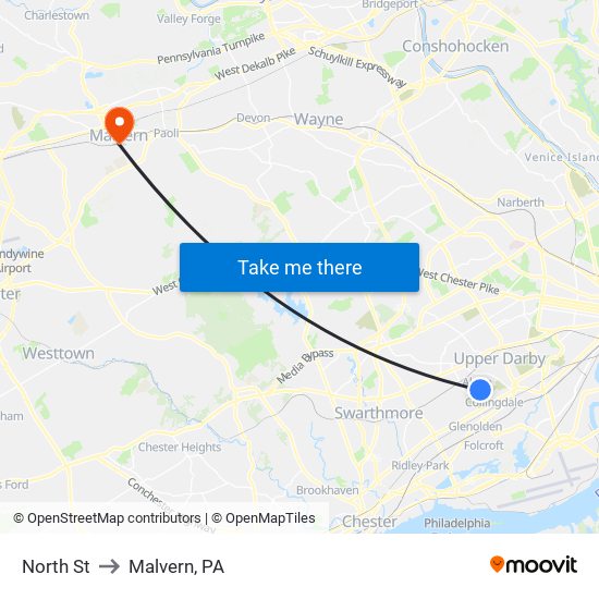 North St to Malvern, PA map