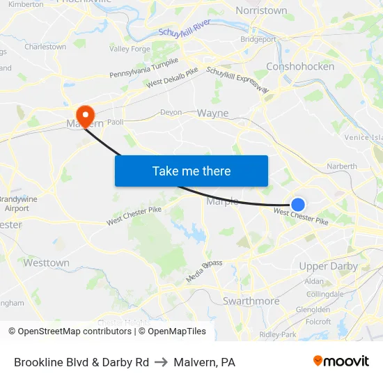 Brookline Blvd & Darby Rd to Malvern, PA map