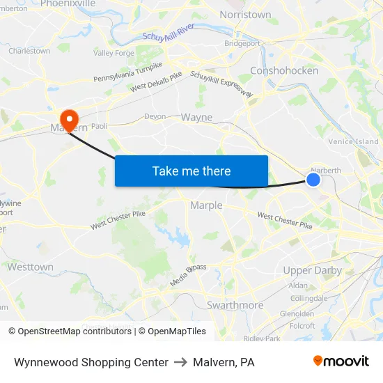 Wynnewood Shopping Center to Malvern, PA map