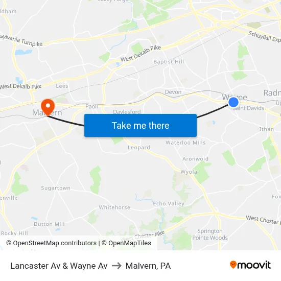 Lancaster Av & Wayne Av to Malvern, PA map