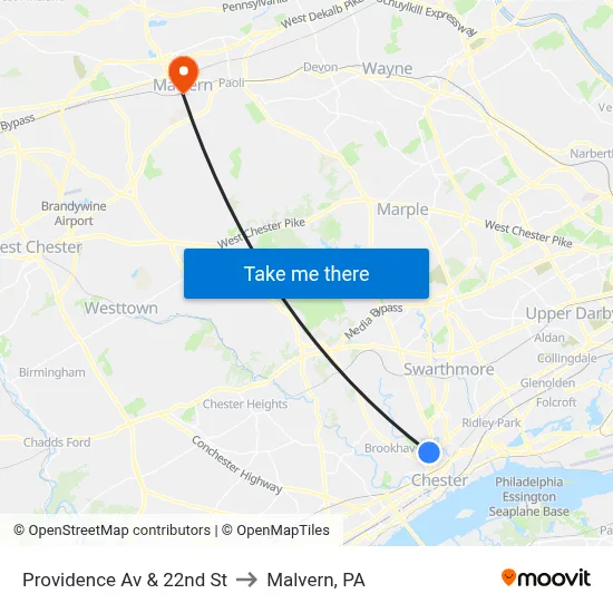 Providence Av & 22nd St to Malvern, PA map