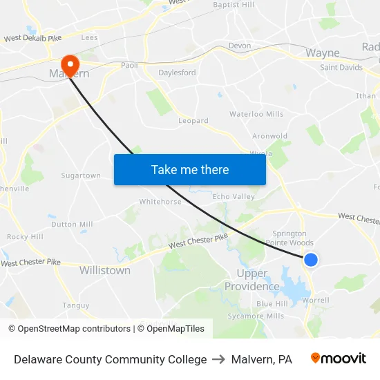 Delaware County Community College to Malvern, PA map
