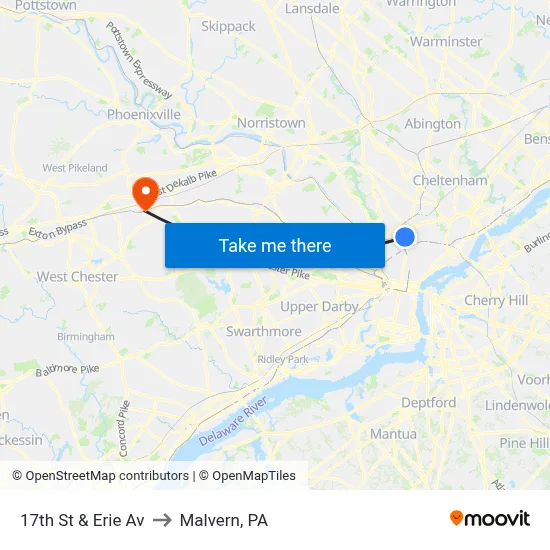 17th St & Erie Av to Malvern, PA map