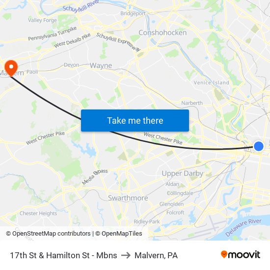 17th St & Hamilton St - Mbns to Malvern, PA map