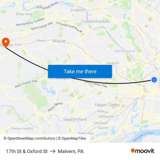 17th St & Oxford St to Malvern, PA map