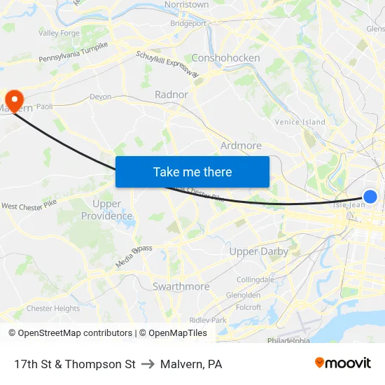 17th St & Thompson St to Malvern, PA map