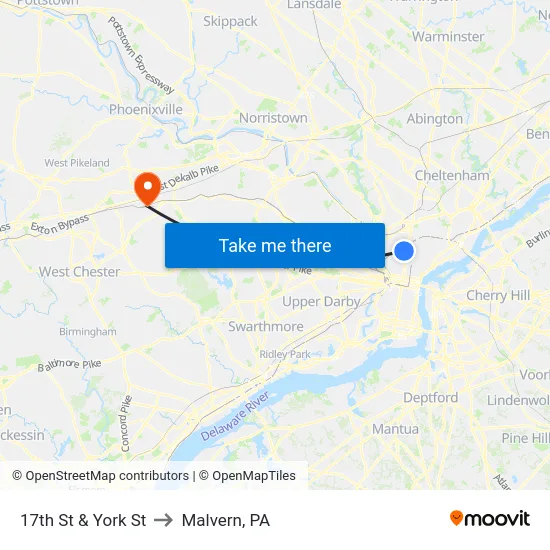 17th St & York St to Malvern, PA map