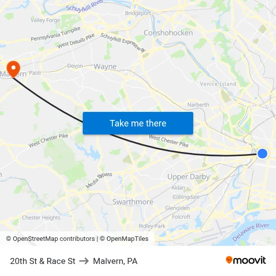 20th St & Race St to Malvern, PA map