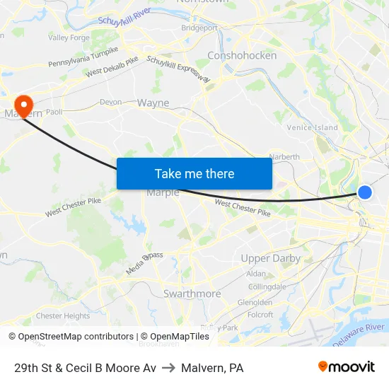29th St & Cecil B Moore Av to Malvern, PA map