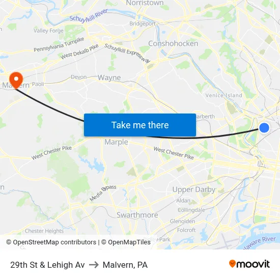 29th St & Lehigh Av to Malvern, PA map