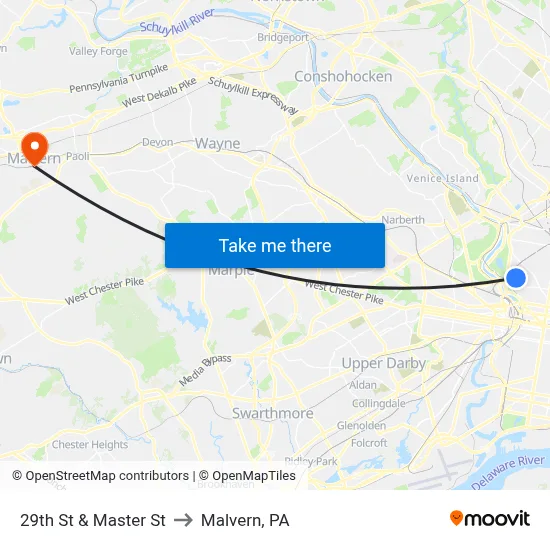 29th St & Master St to Malvern, PA map