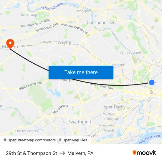 29th St & Thompson St to Malvern, PA map
