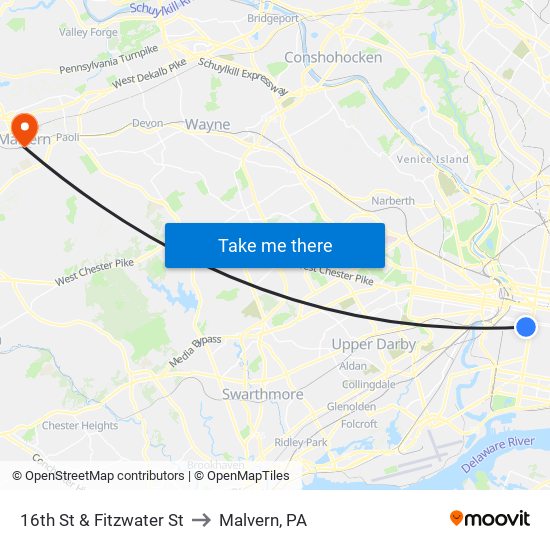 16th St & Fitzwater St to Malvern, PA map