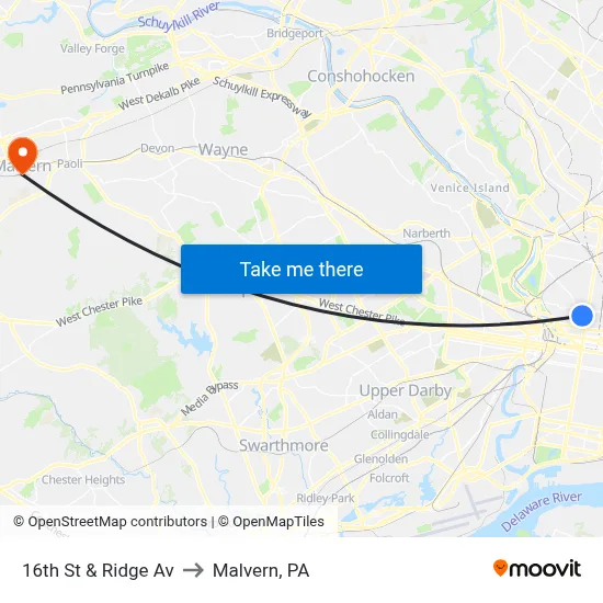 16th St & Ridge Av to Malvern, PA map