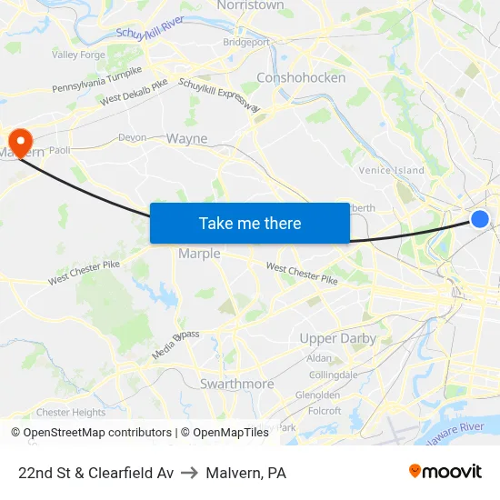 22nd St & Clearfield Av to Malvern, PA map