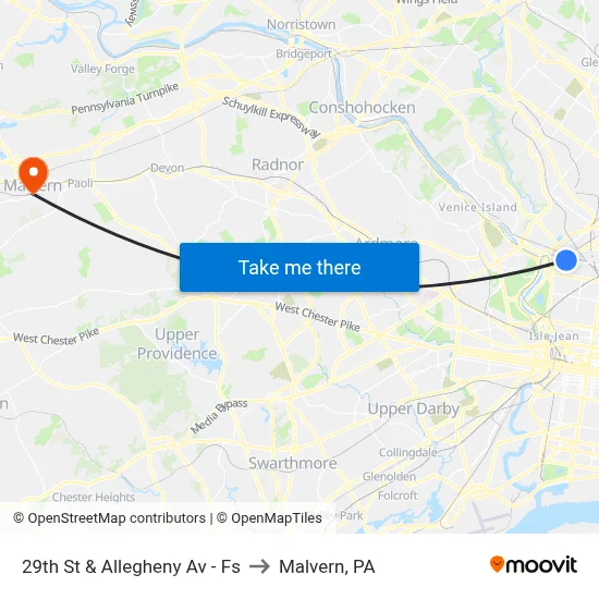 29th St & Allegheny Av - Fs to Malvern, PA map