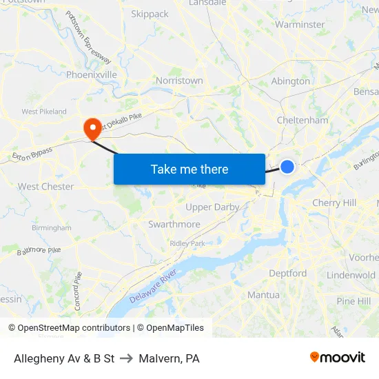 Allegheny Av & B St to Malvern, PA map