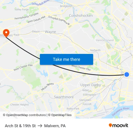 Arch St & 19th St to Malvern, PA map