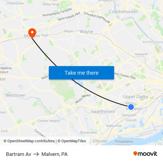 Bartram Av to Malvern, PA map