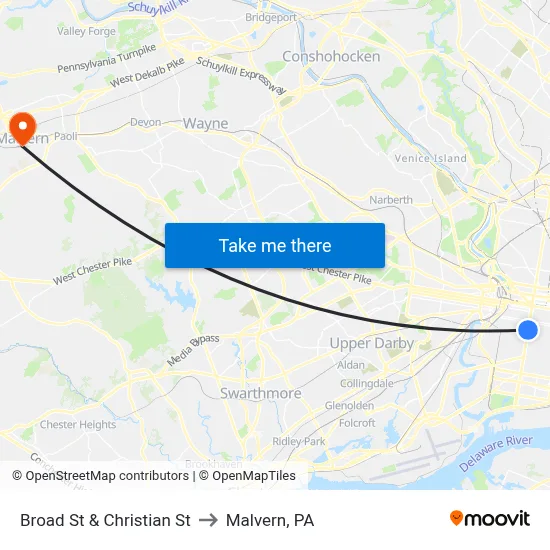 Broad St & Christian St to Malvern, PA map