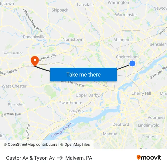 Castor Av & Tyson Av to Malvern, PA map