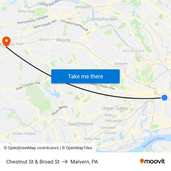 Chestnut St & Broad St to Malvern, PA map