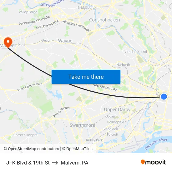 JFK Blvd & 19th St to Malvern, PA map