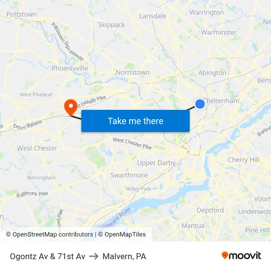 Ogontz Av & 71st Av to Malvern, PA map