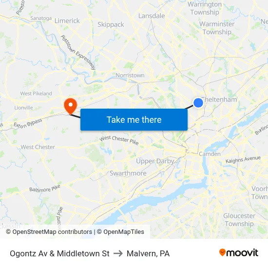 Ogontz Av & Middletown St to Malvern, PA map