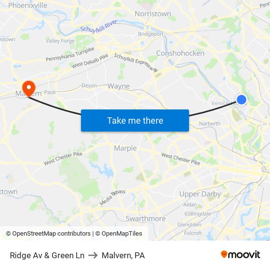 Ridge Av & Green Ln to Malvern, PA map