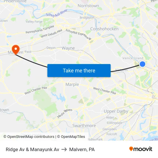 Ridge Av & Manayunk Av to Malvern, PA map