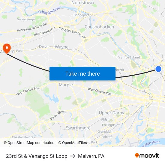 23rd St & Venango St Loop to Malvern, PA map